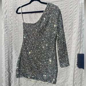 One Shoulder Silver Sequin Dress